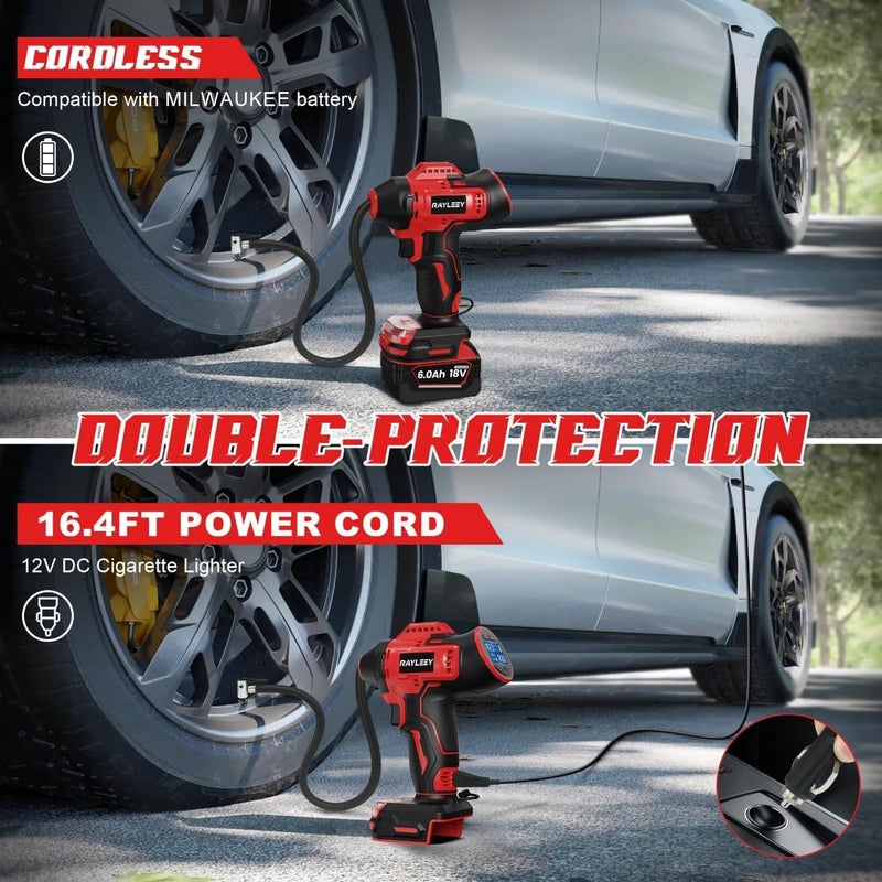 RAYLEEY Tire Inflator Cordless for Milwaukee 18V Battery [Tool Only], 160PSI Portable Air Compressor with Pressure Gauge, Auto-Shutoff & Fast Inflation, Portable Air Pump for Car, Motorcycle, Bike, Ball - Image 3